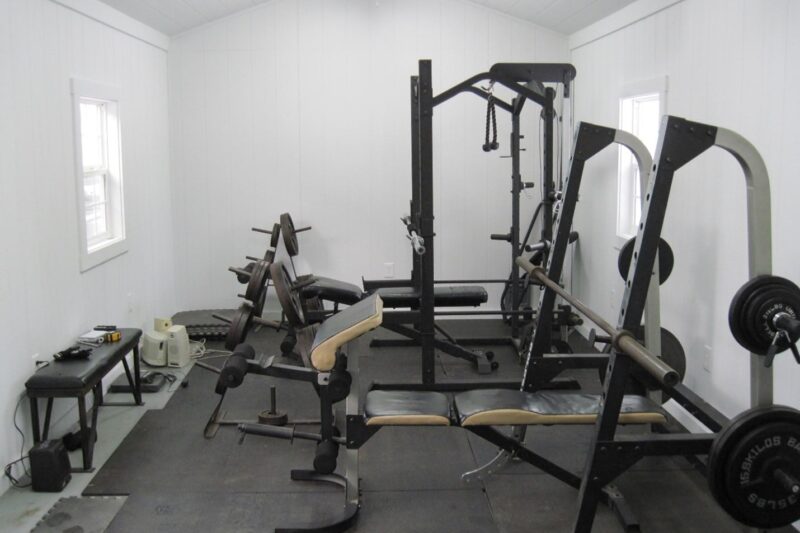 a gym inside one of Beachy Barns storage sheds, available in Ohio