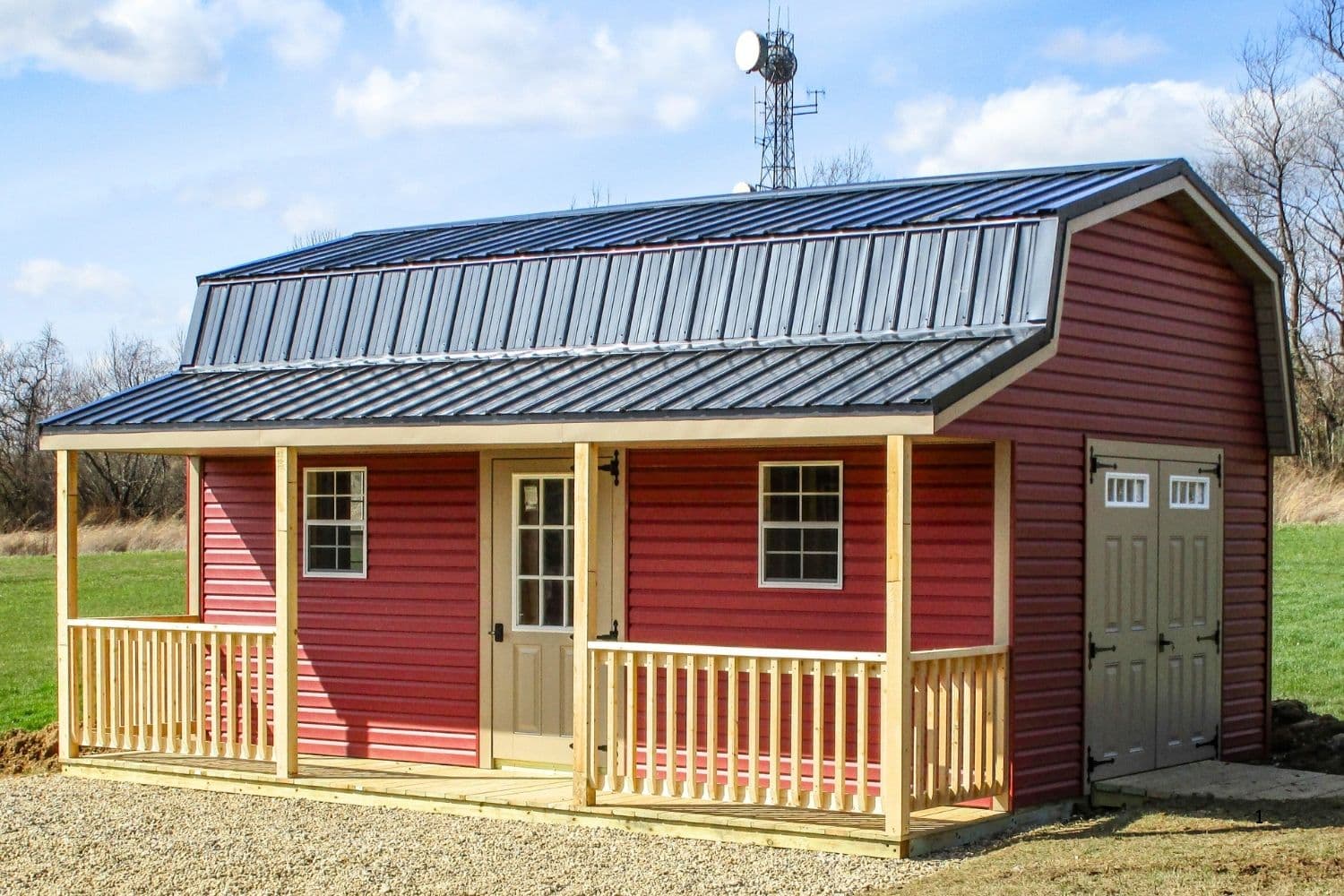 red prebuilt cabins with porch